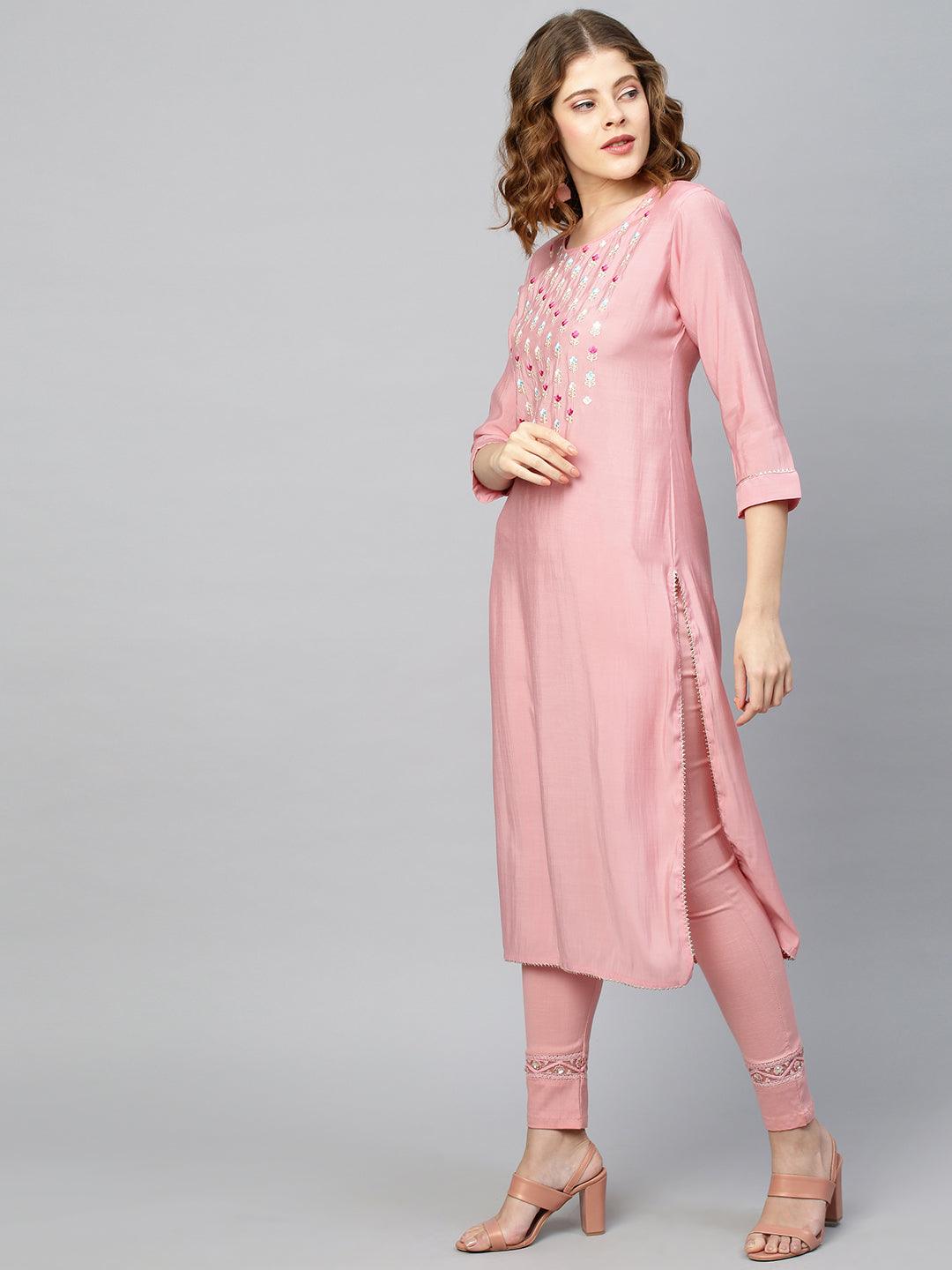 Floral Embroidered Straight Kurta - Rose Pink - Indiakreations