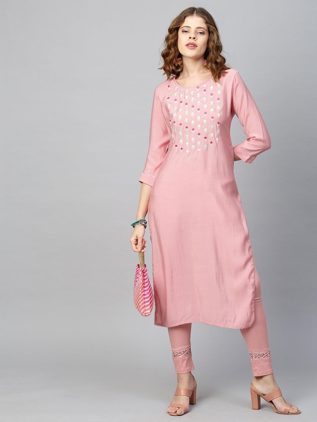 Floral Embroidered Straight Kurta - Rose Pink - Indiakreations