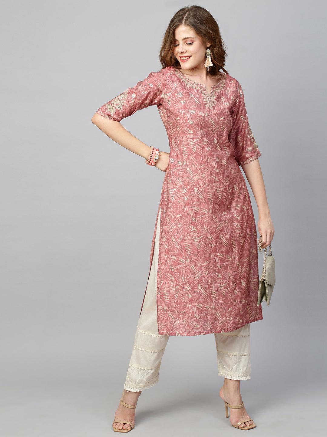 Floral Embroidered & Printed Straight Kurta - Hippie Pink - Indiakreations