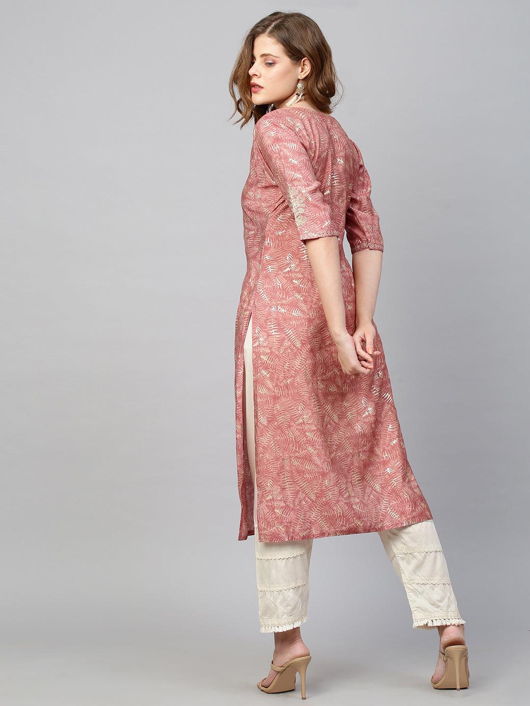 Floral Embroidered & Printed Straight Kurta - Hippie Pink - Indiakreations