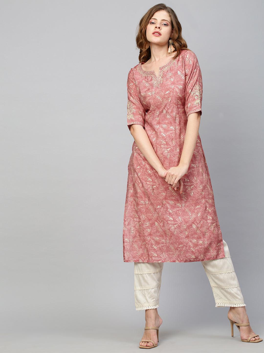 Floral Embroidered & Printed Straight Kurta - Hippie Pink - Indiakreations