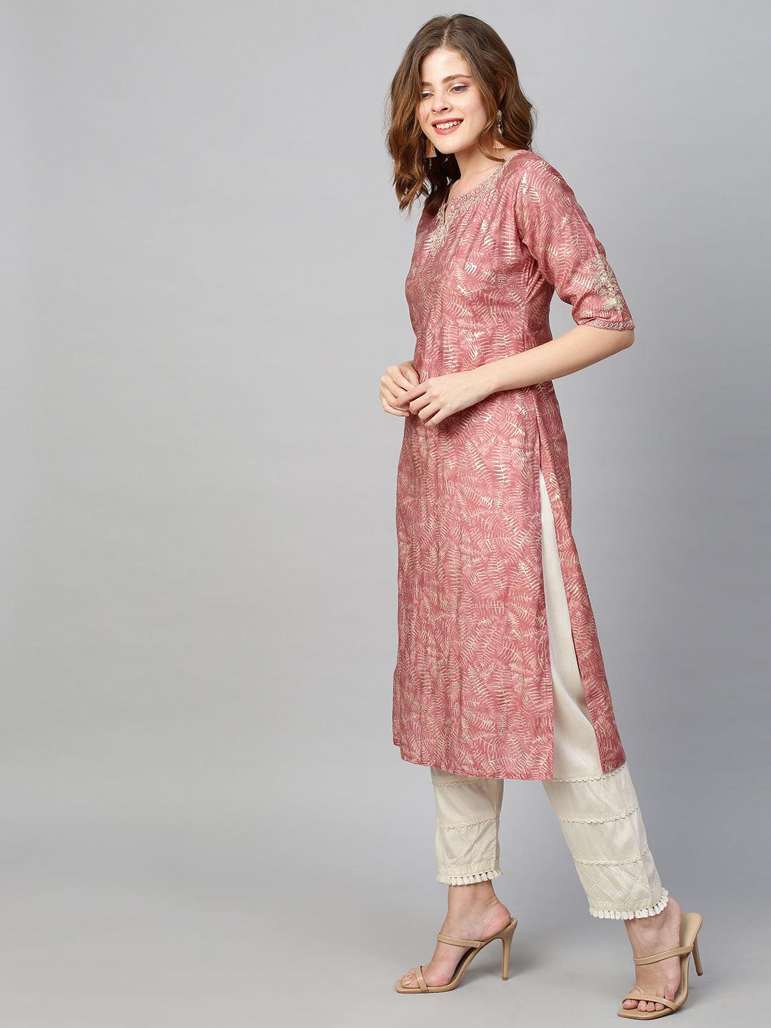 Floral Embroidered & Printed Straight Kurta - Hippie Pink - Indiakreations