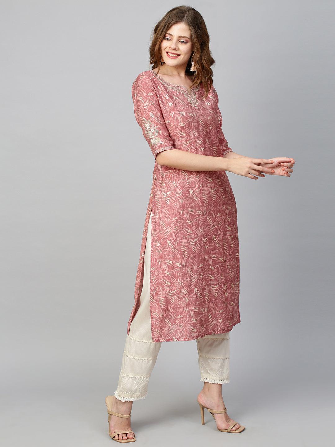 Floral Embroidered & Printed Straight Kurta - Hippie Pink - Indiakreations