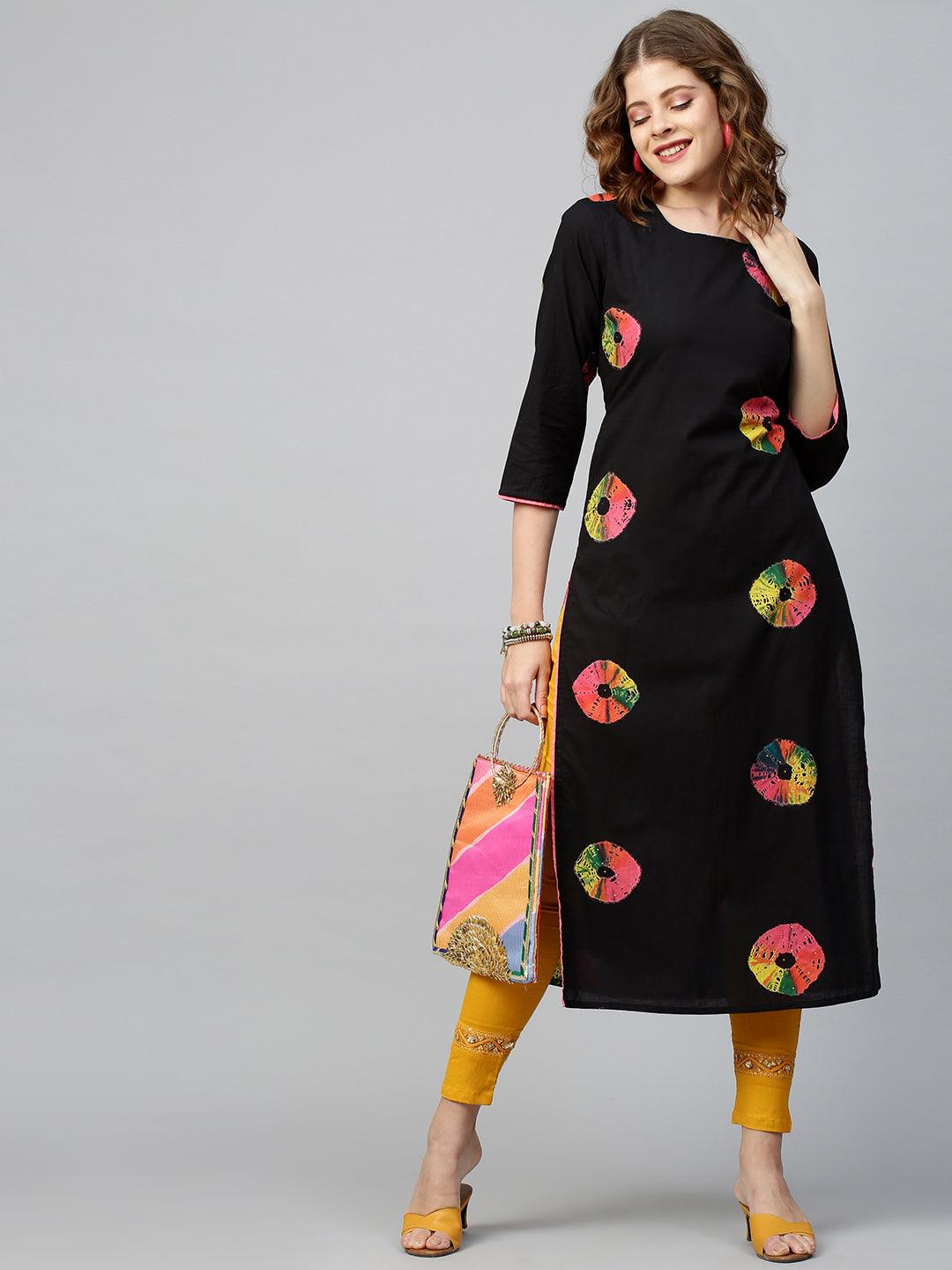 Colorful Bandhej Kurta - Black - Indiakreations