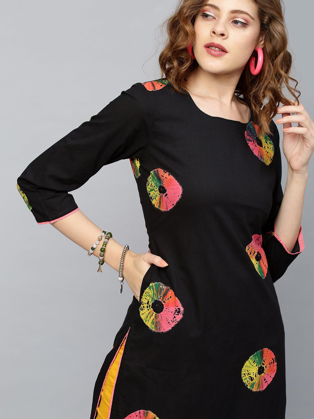 Colorful Bandhej Kurta - Black - Indiakreations