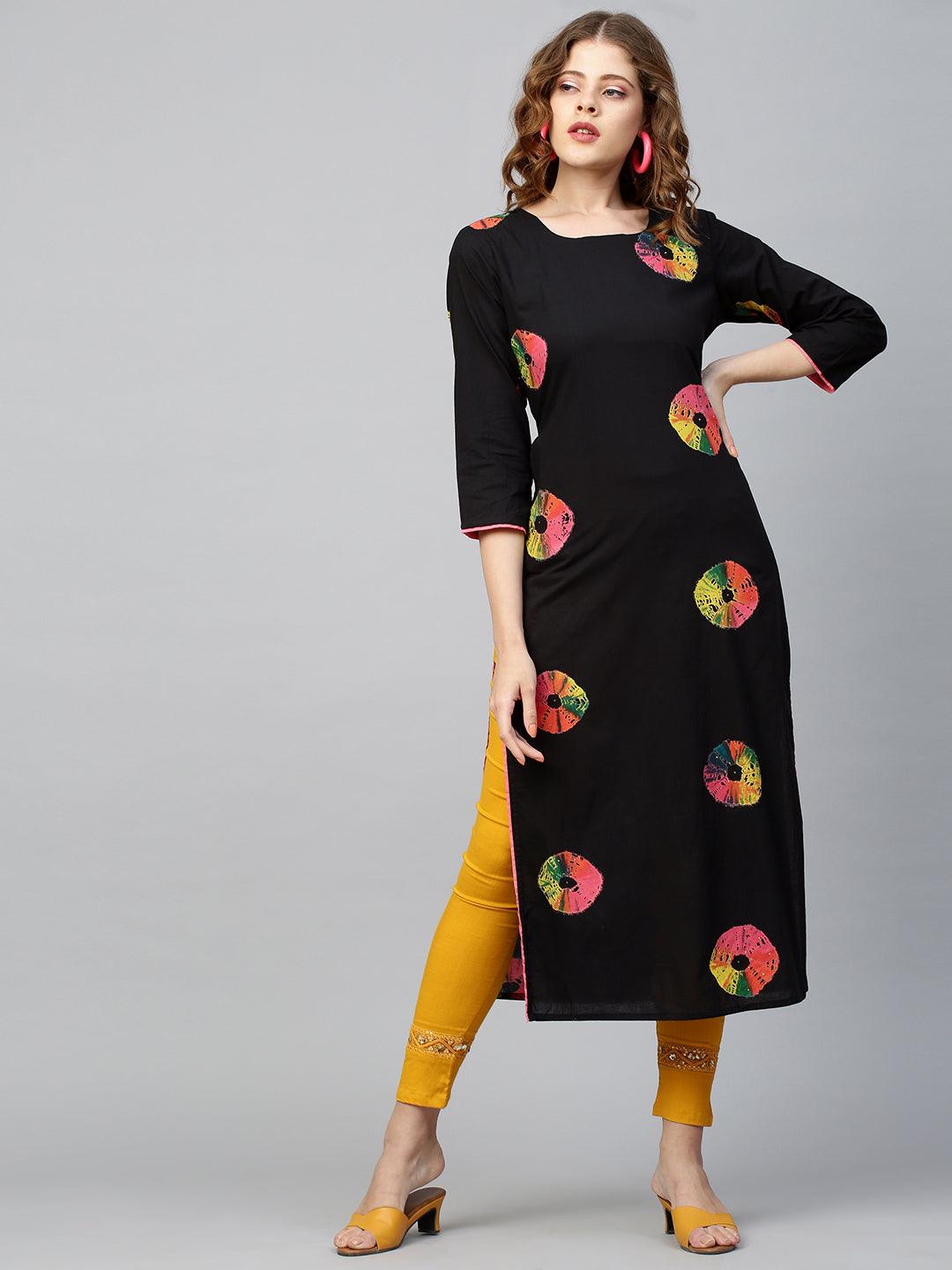 Colorful Bandhej Kurta - Black - Indiakreations