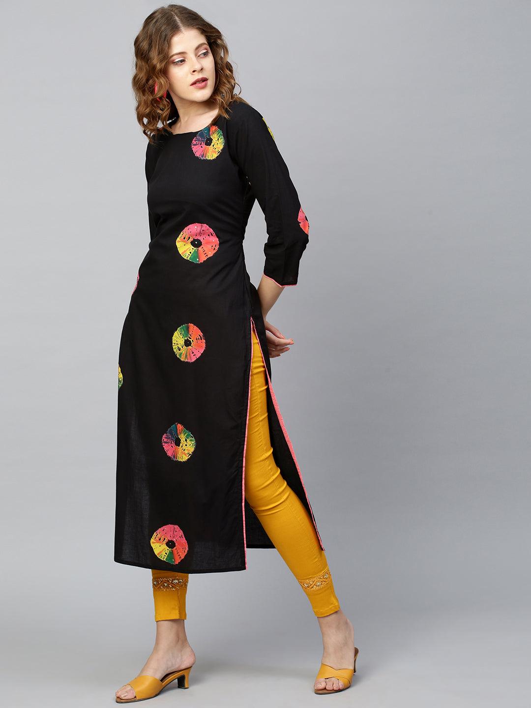 Colorful Bandhej Kurta - Black - Indiakreations