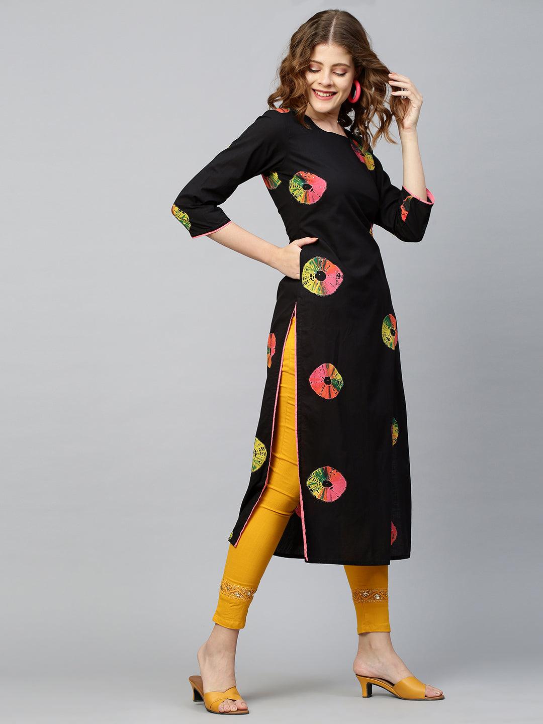 Colorful Bandhej Kurta - Black - Indiakreations