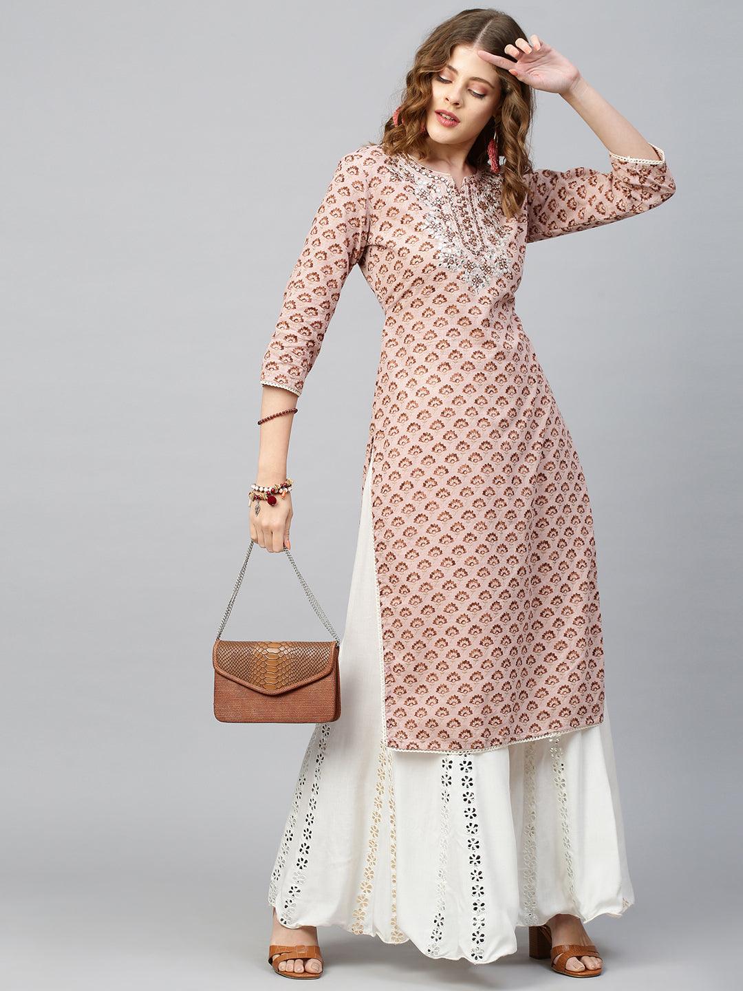 Floral Printed & Embroidered Kurta - Dusty Peach - Indiakreations