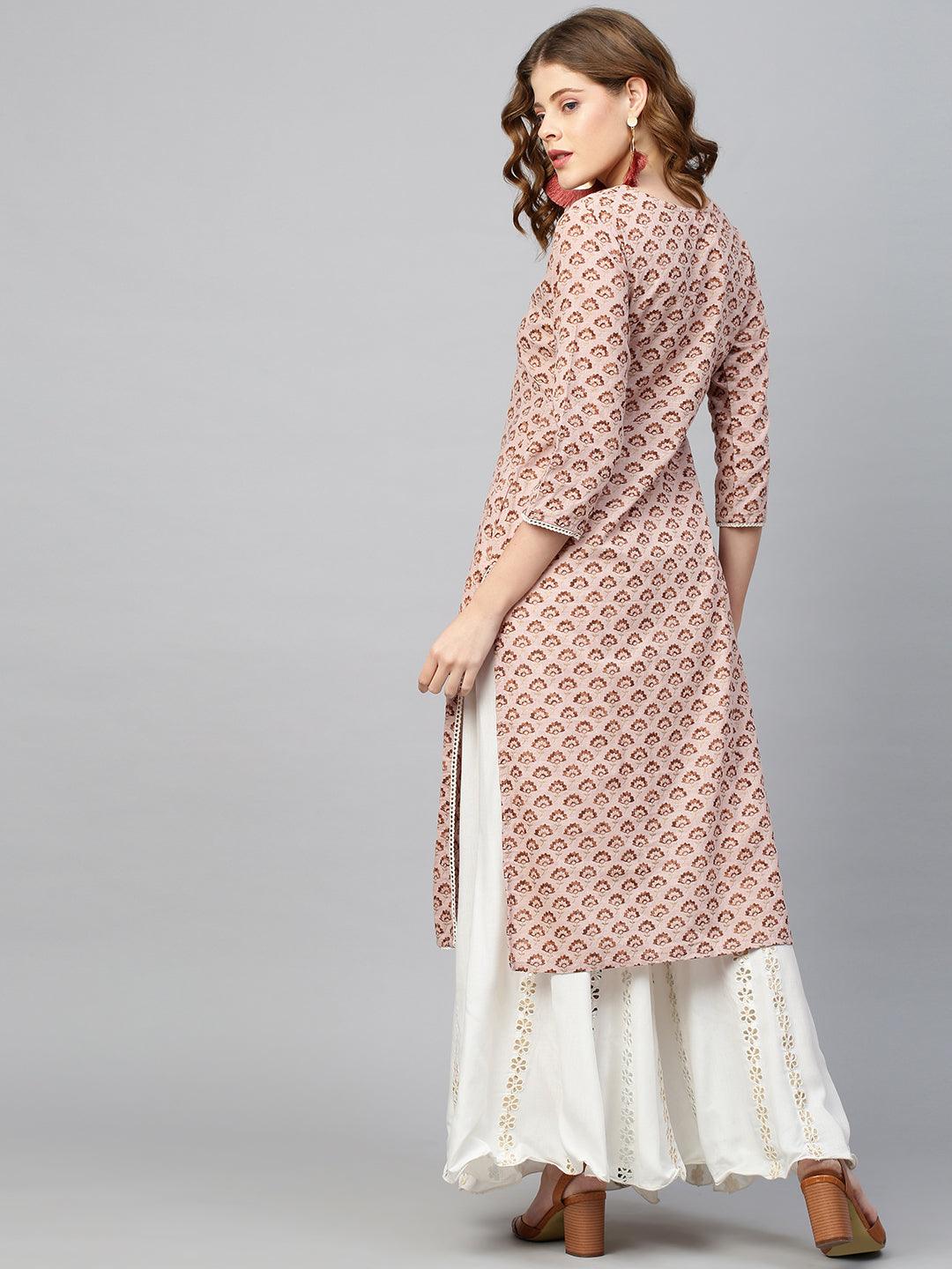 Floral Printed & Embroidered Kurta - Dusty Peach - Indiakreations