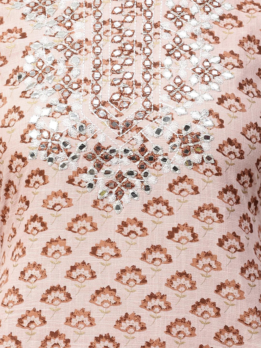 Floral Printed & Embroidered Kurta - Dusty Peach - Indiakreations