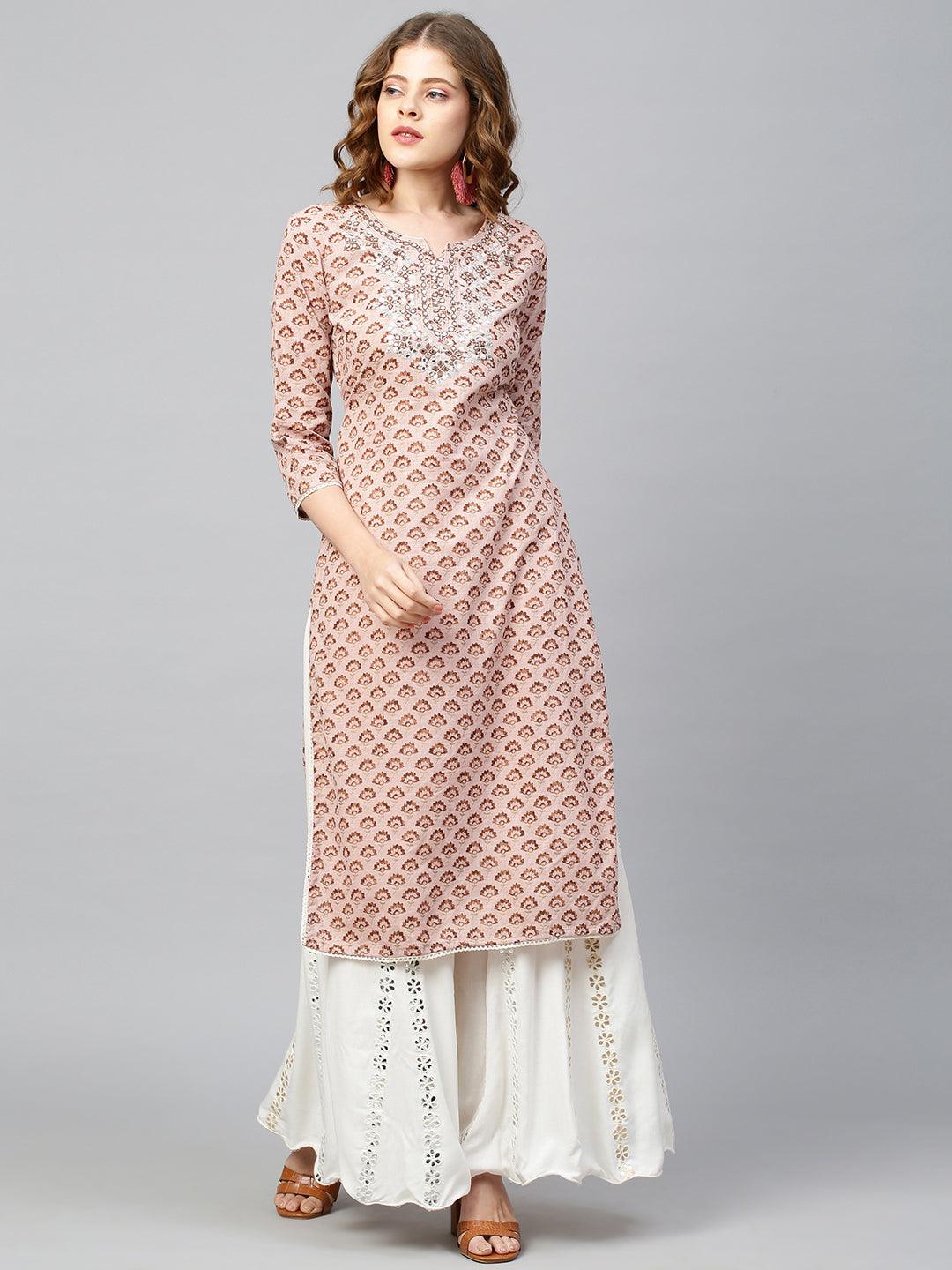 Floral Printed & Embroidered Kurta - Dusty Peach - Indiakreations