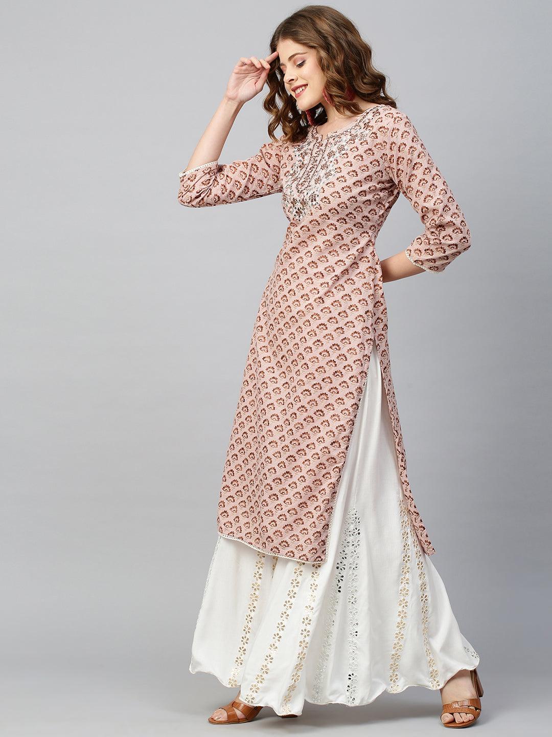 Floral Printed & Embroidered Kurta - Dusty Peach - Indiakreations