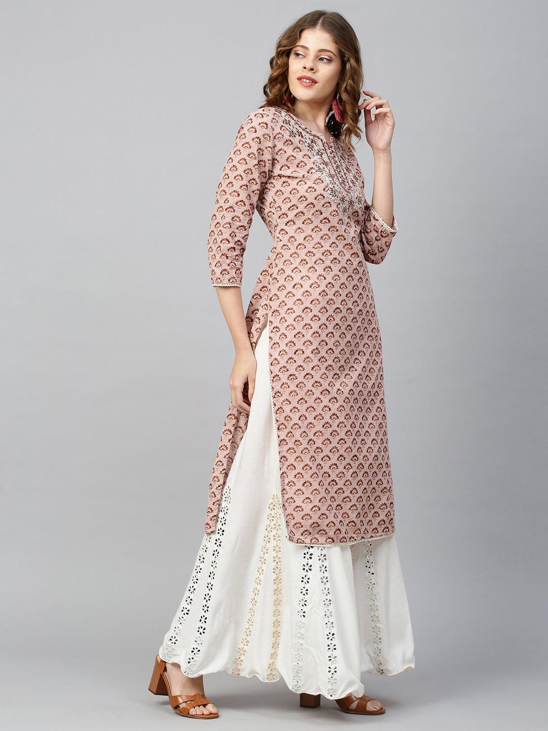 Floral Printed & Embroidered Kurta - Dusty Peach - Indiakreations