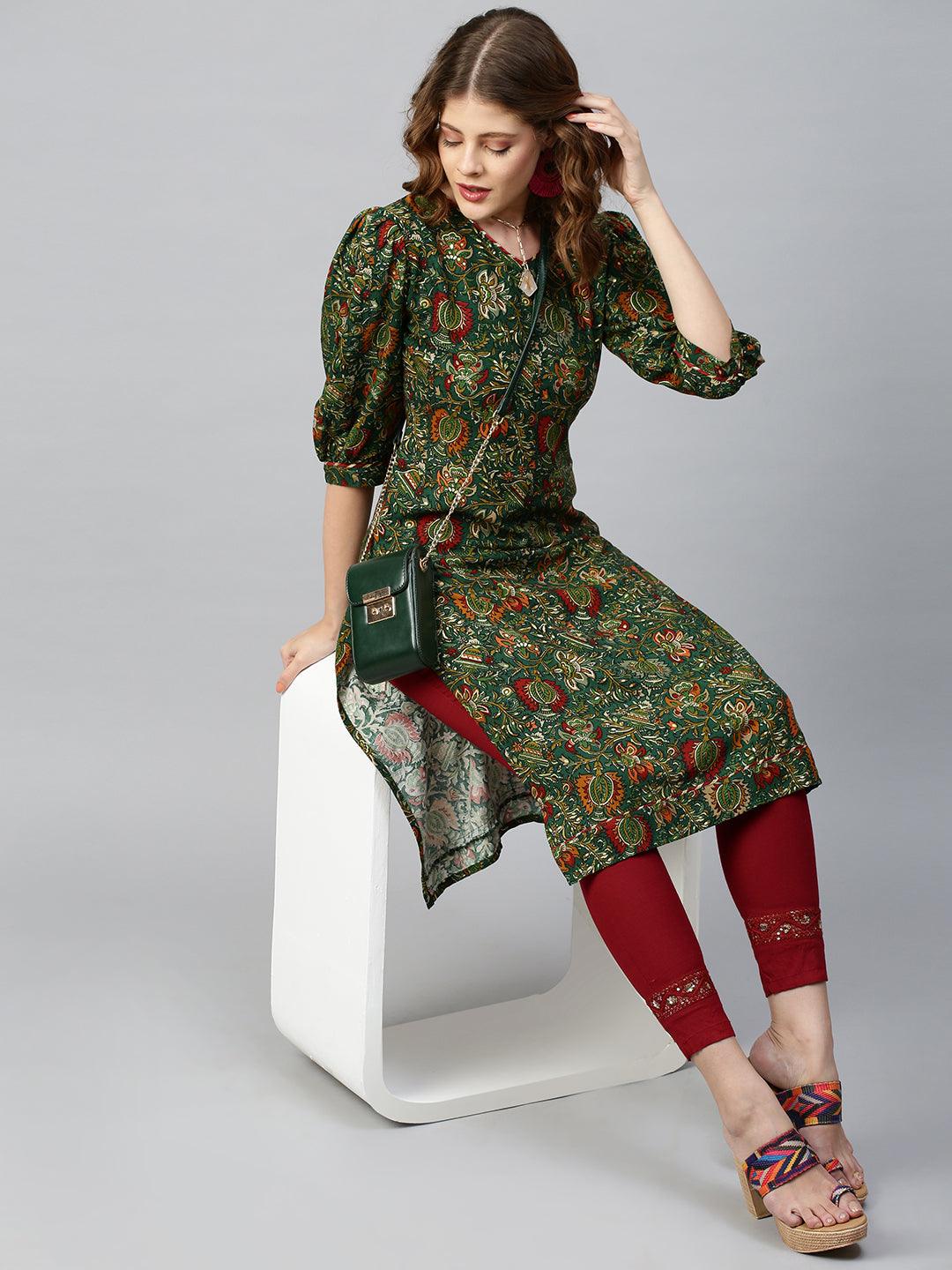 Floral Dense Printed Straight Kurta - Dark Green - Indiakreations