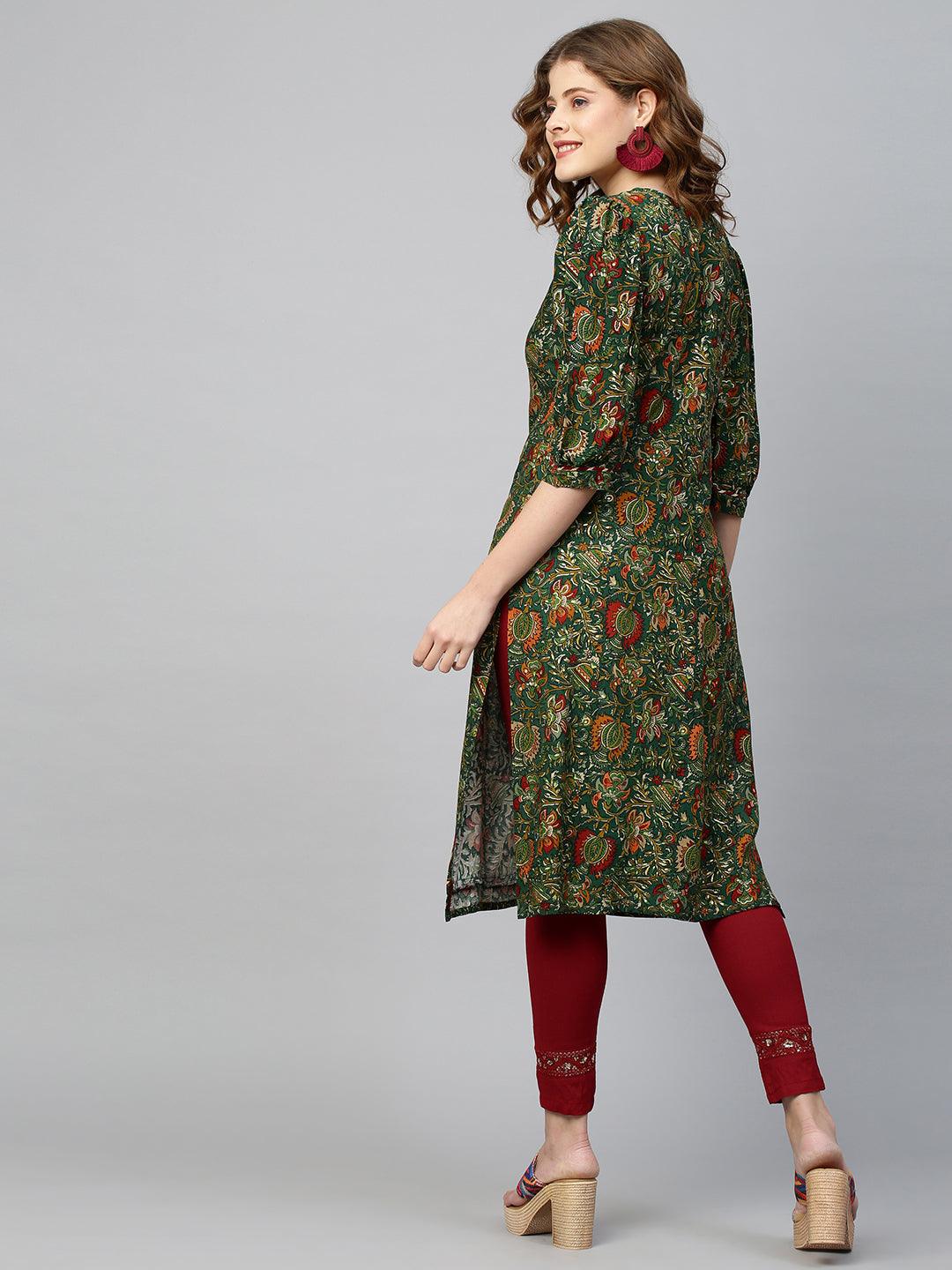 Floral Dense Printed Straight Kurta - Dark Green - Indiakreations