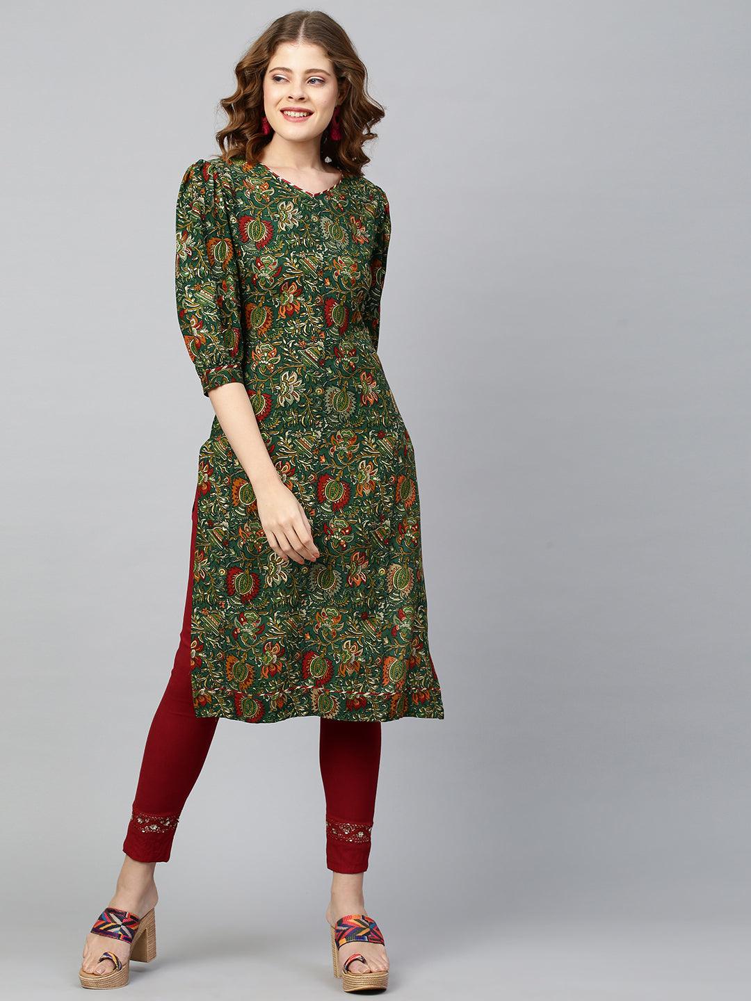 Floral Dense Printed Straight Kurta - Dark Green - Indiakreations