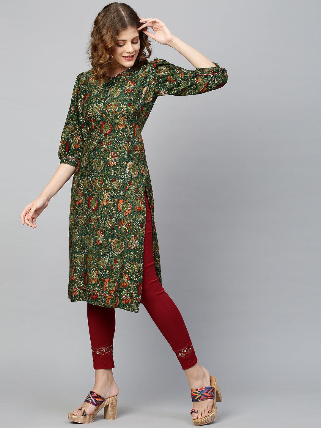 Floral Dense Printed Straight Kurta - Dark Green - Indiakreations