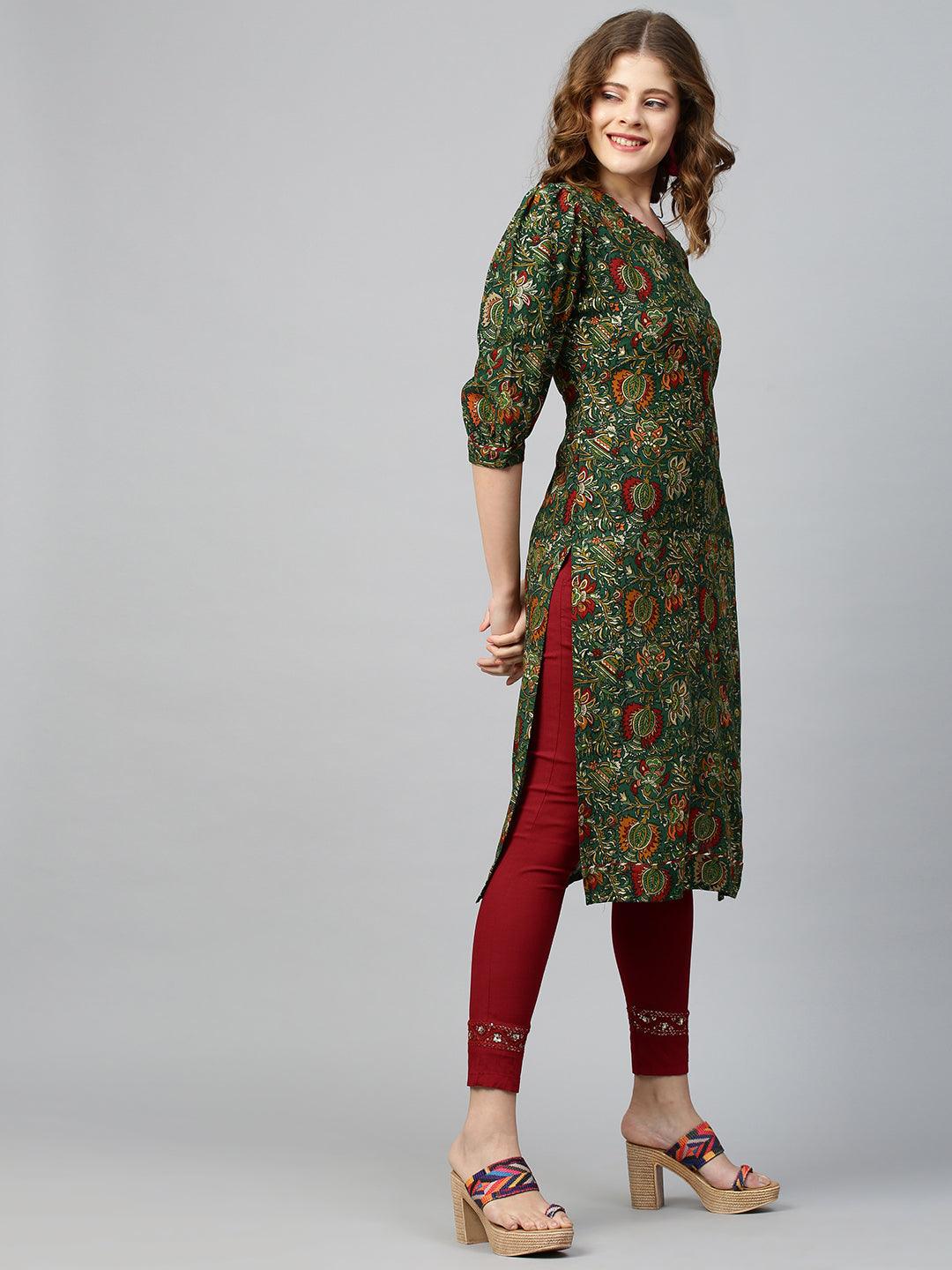 Floral Dense Printed Straight Kurta - Dark Green - Indiakreations