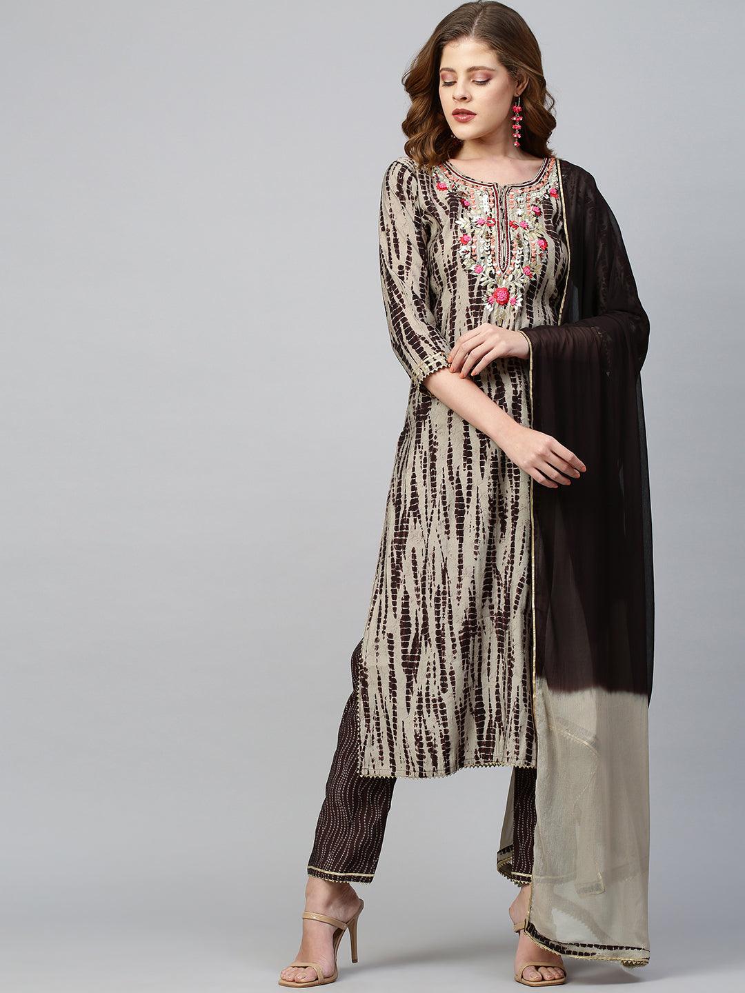 Tie Dyed & Embroidered Kurta & Dupatta with Pant - Dusty Beige - Indiakreations