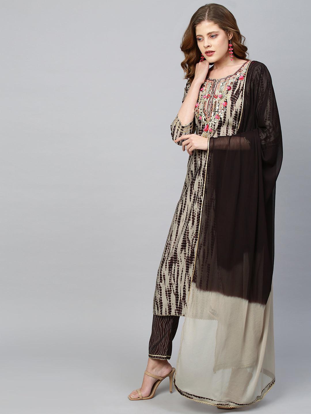 Tie Dyed & Embroidered Kurta & Dupatta with Pant - Dusty Beige - Indiakreations