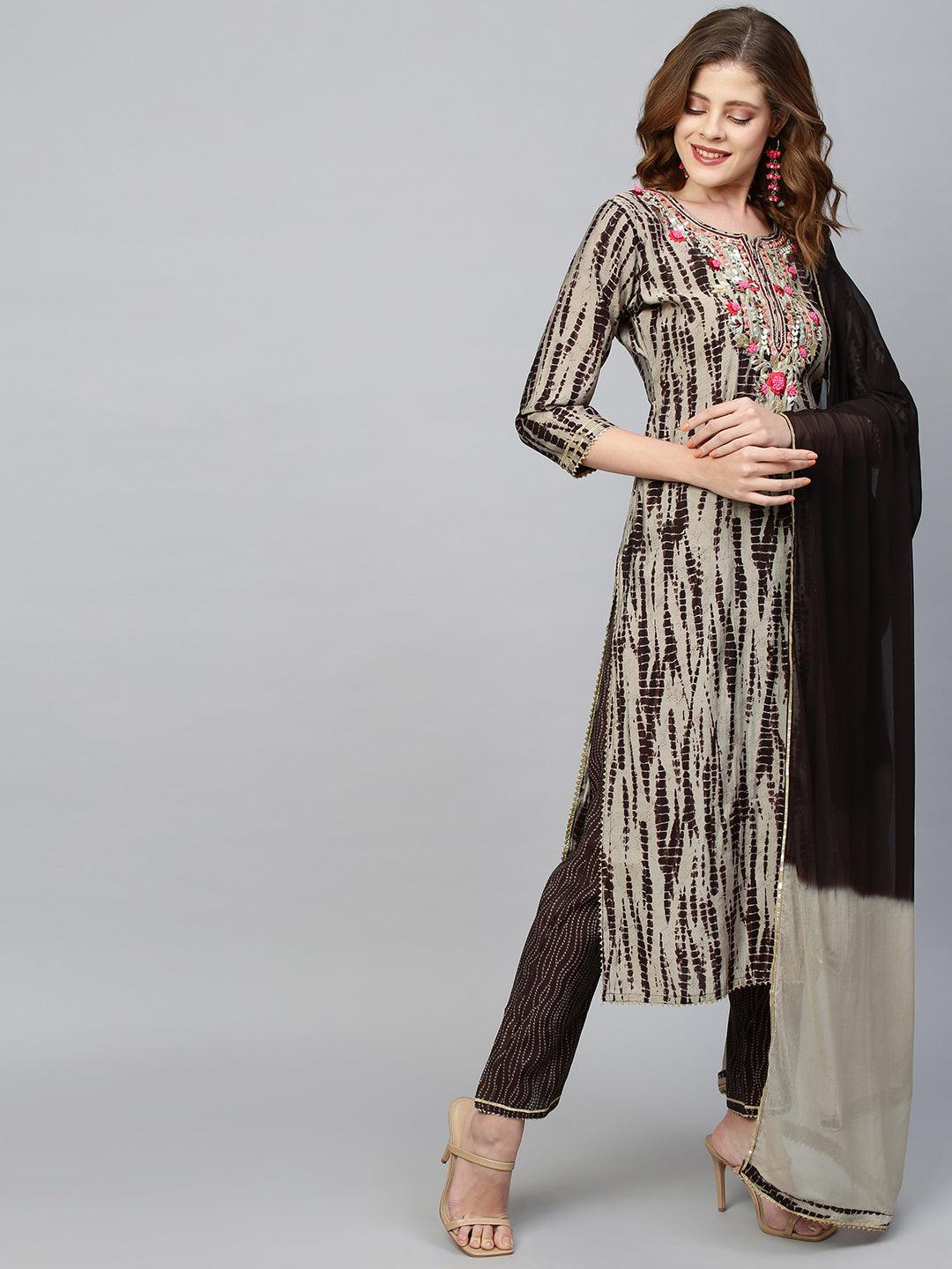 Tie Dyed & Embroidered Kurta & Dupatta with Pant - Dusty Beige - Indiakreations