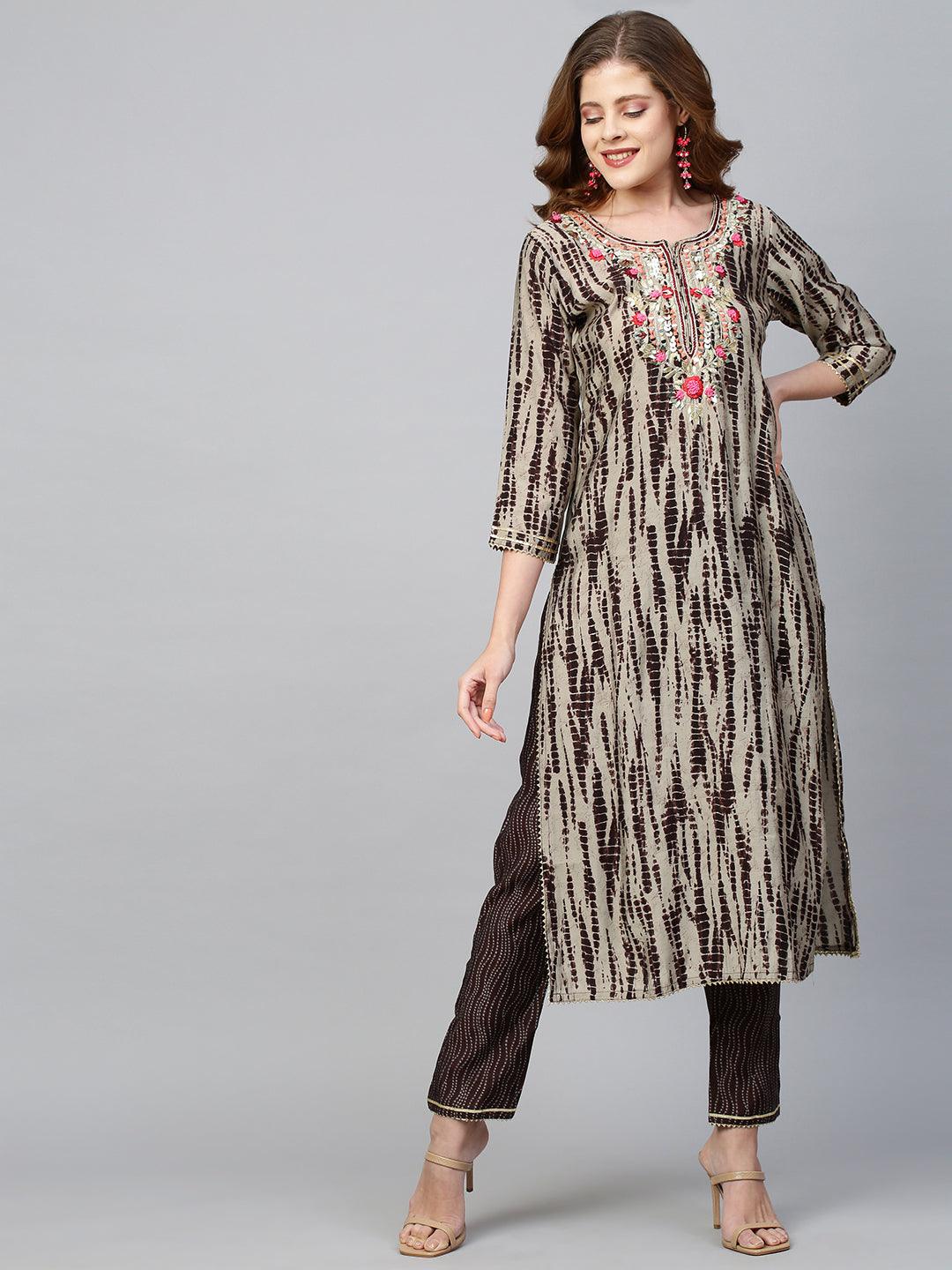 Tie Dyed & Embroidered Kurta & Dupatta with Pant - Dusty Beige - Indiakreations