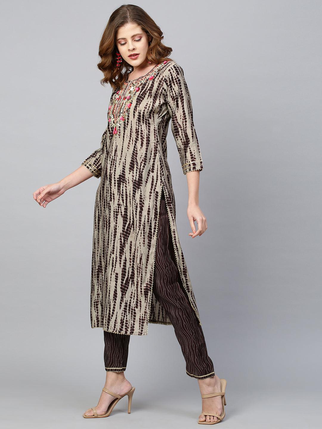 Tie Dyed & Embroidered Kurta & Dupatta with Pant - Dusty Beige - Indiakreations