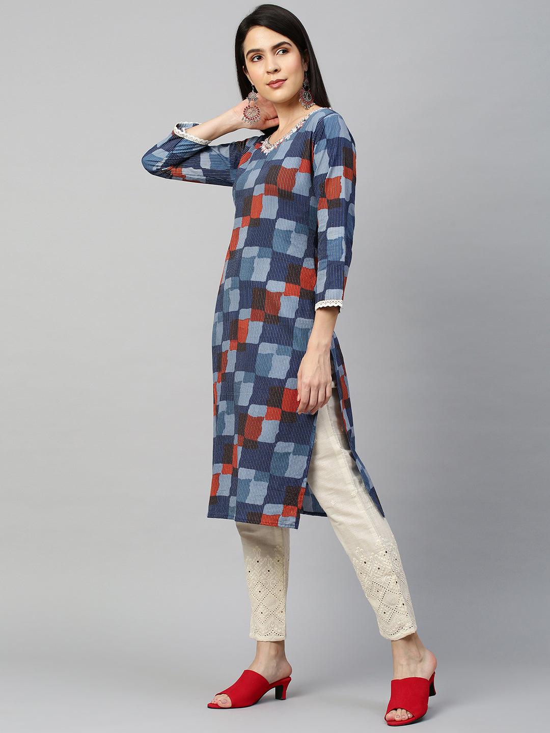 Colorblocked & Kantha Woven Kurta with Pant - Blue - Indiakreations