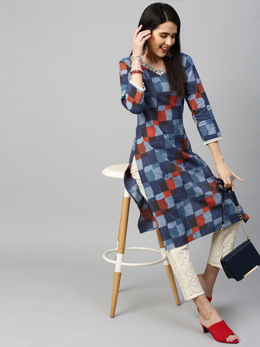 Colorblocked & Kantha Woven Kurta with Pant - Blue - Indiakreations