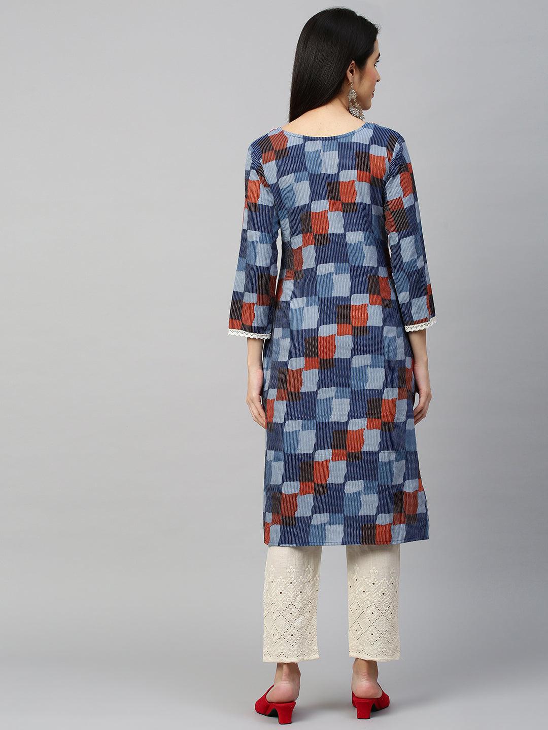 Colorblocked & Kantha Woven Kurta with Pant - Blue - Indiakreations