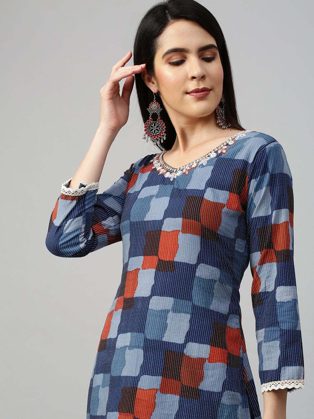 Colorblocked & Kantha Woven Kurta with Pant - Blue - Indiakreations