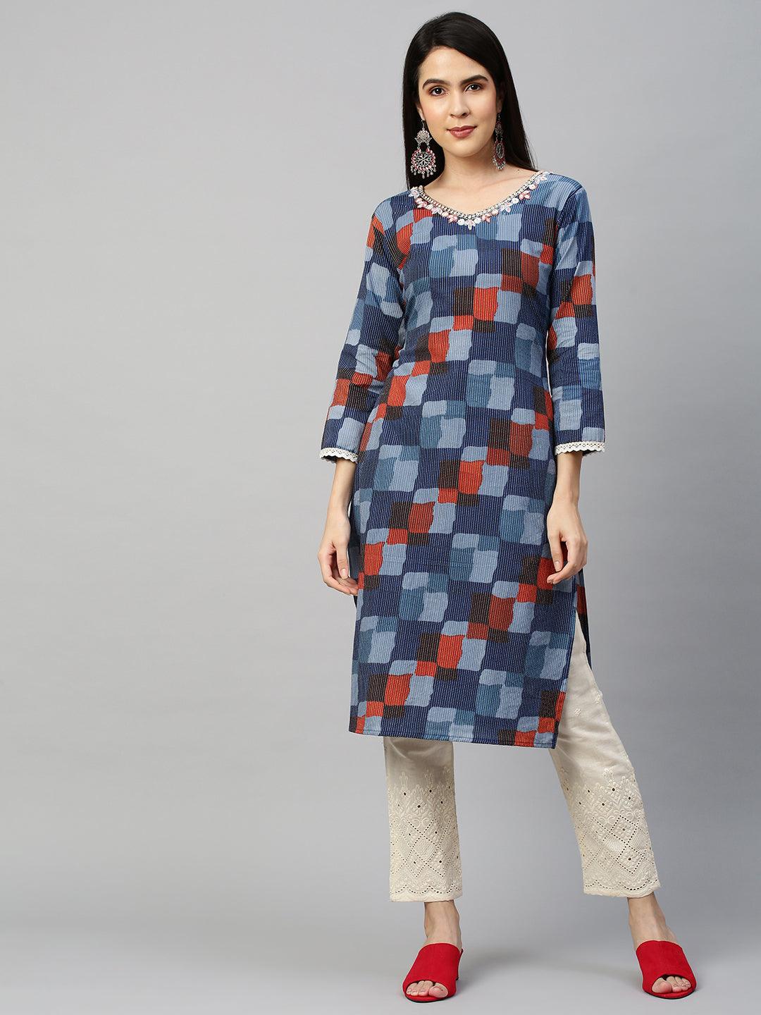 Colorblocked & Kantha Woven Kurta with Pant - Blue - Indiakreations