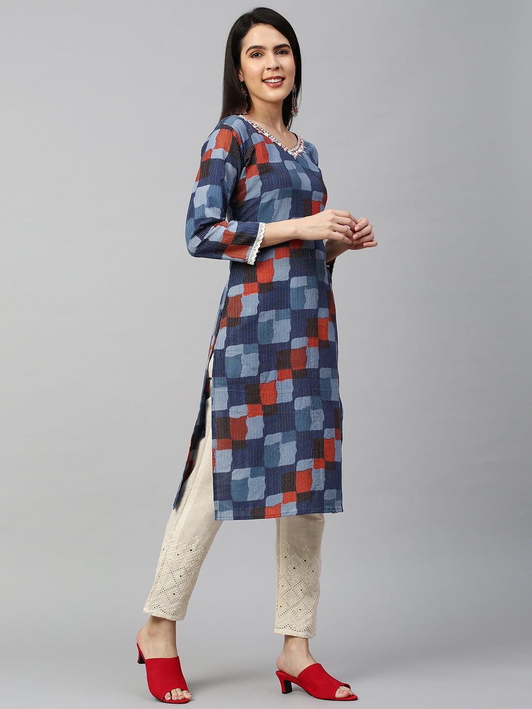 Colorblocked & Kantha Woven Kurta with Pant - Blue - Indiakreations