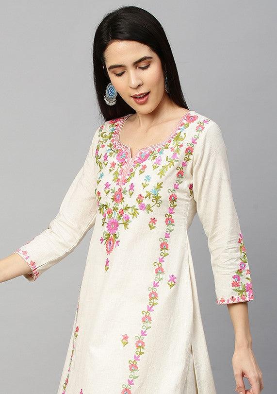 Kashmiri Floral Embroidered Kurta with Pant - Off White - Indiakreations