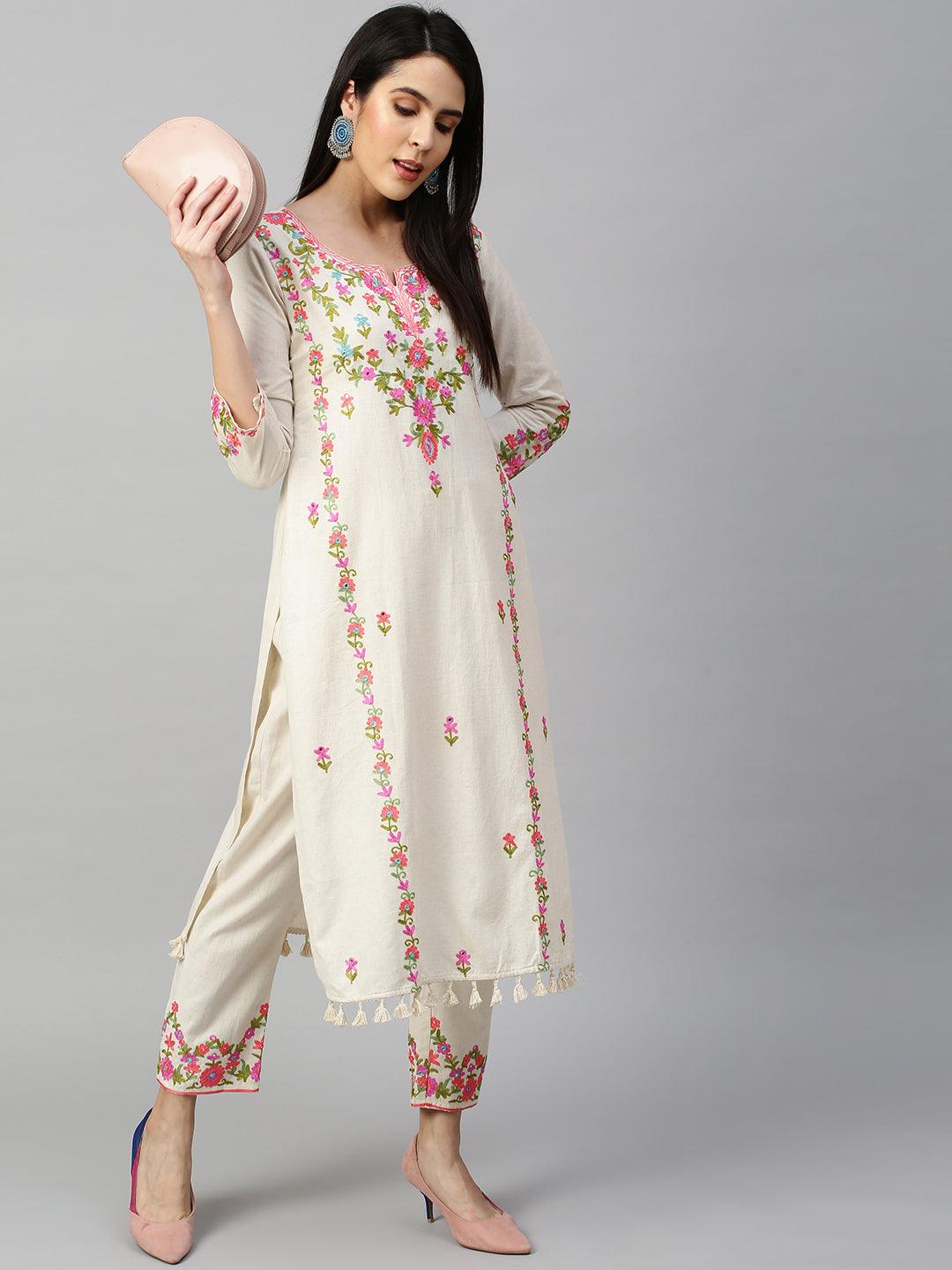 Kashmiri Floral Embroidered Kurta with Pant - Off White - Indiakreations