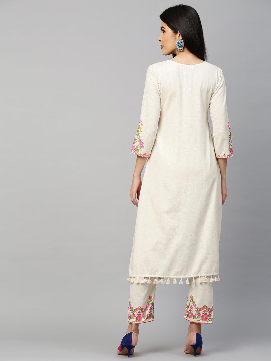 Kashmiri Floral Embroidered Kurta with Pant - Off White - Indiakreations