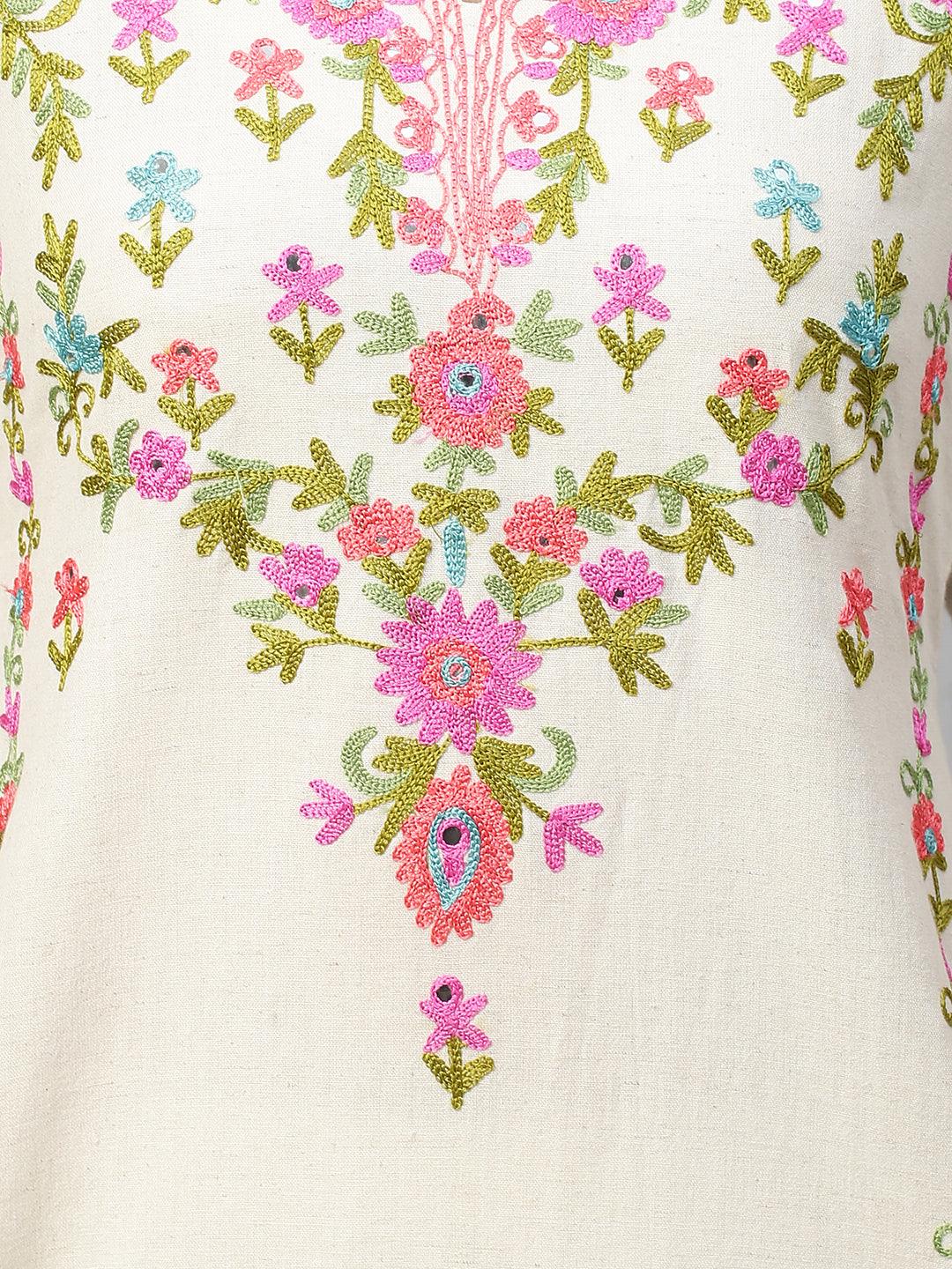 Kashmiri Floral Embroidered Kurta with Pant - Off White - Indiakreations