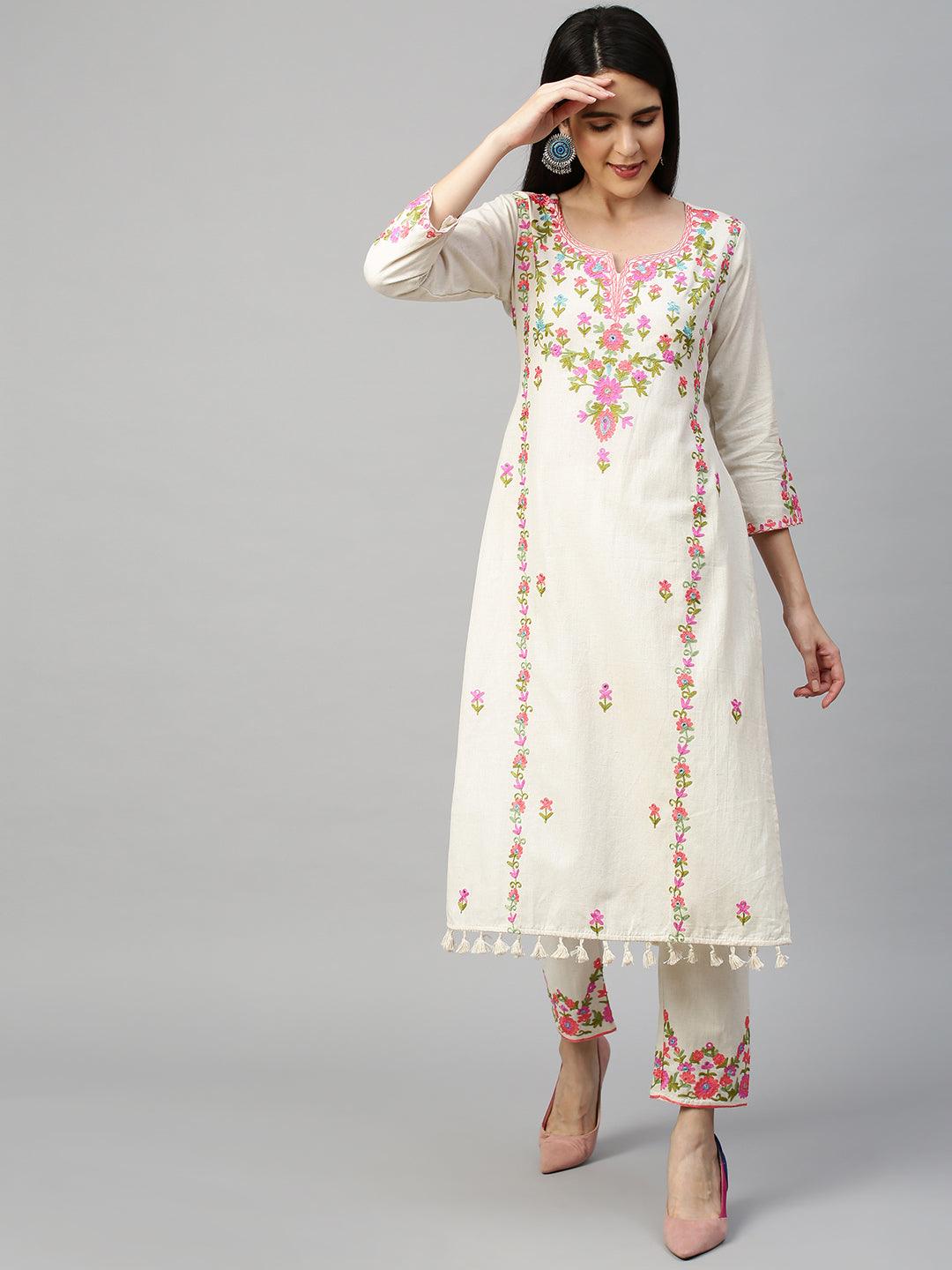 Kashmiri Floral Embroidered Kurta with Pant - Off White - Indiakreations