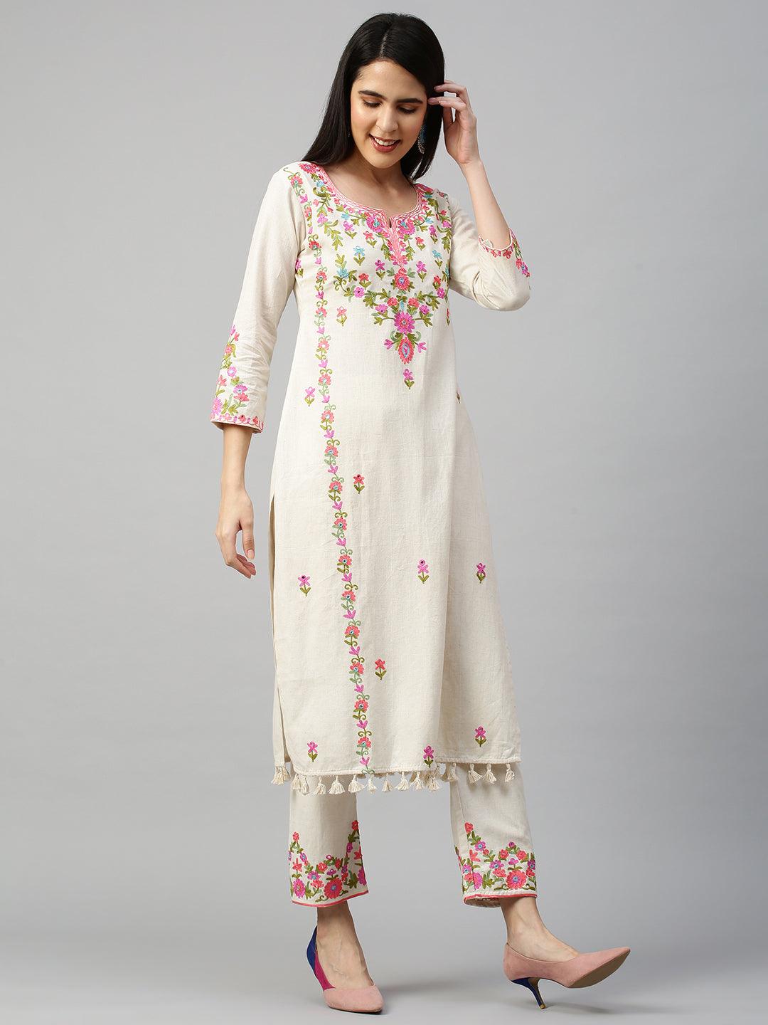 Kashmiri Floral Embroidered Kurta with Pant - Off White - Indiakreations