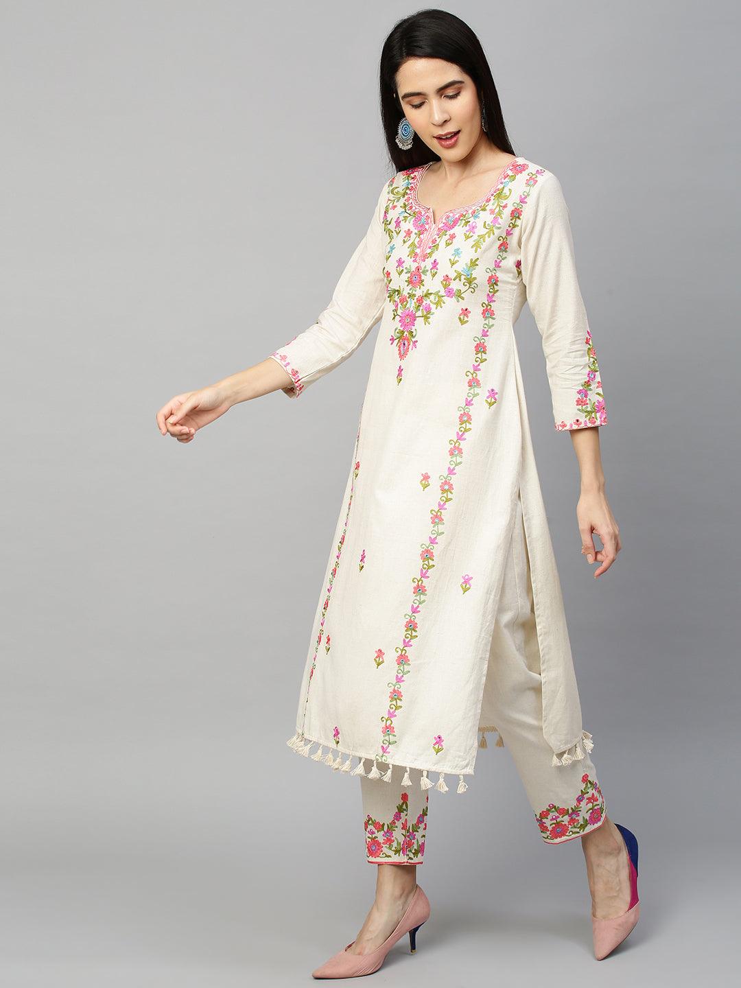 Kashmiri Floral Embroidered Kurta with Pant - Off White - Indiakreations