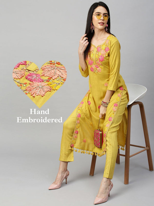 Floral Embroidery Kurta with Pant - Mustard - Indiakreations