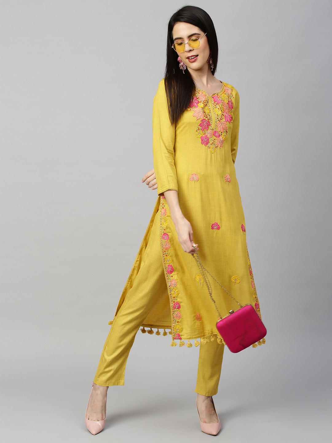 Floral Embroidery Kurta with Pant - Mustard - Indiakreations