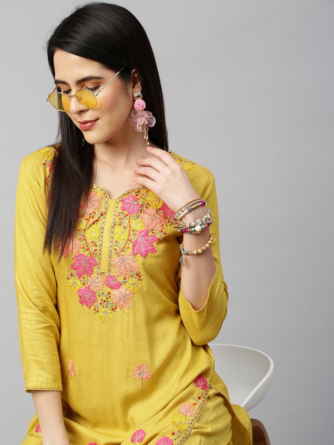 Floral Embroidery Kurta with Pant - Mustard - Indiakreations