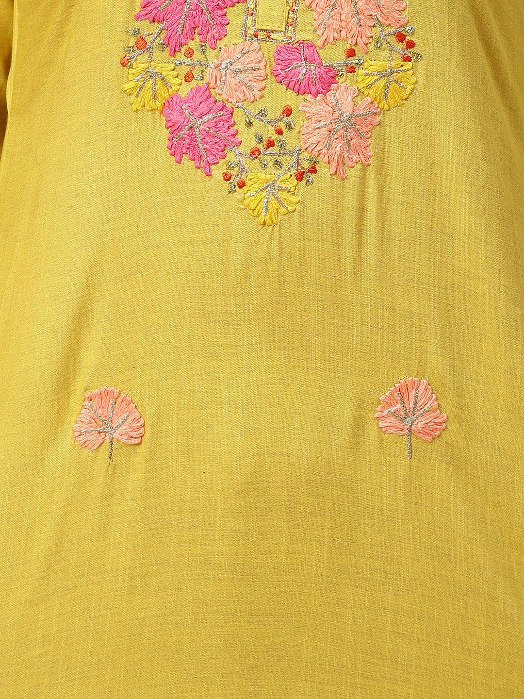 Floral Embroidery Kurta with Pant - Mustard - Indiakreations