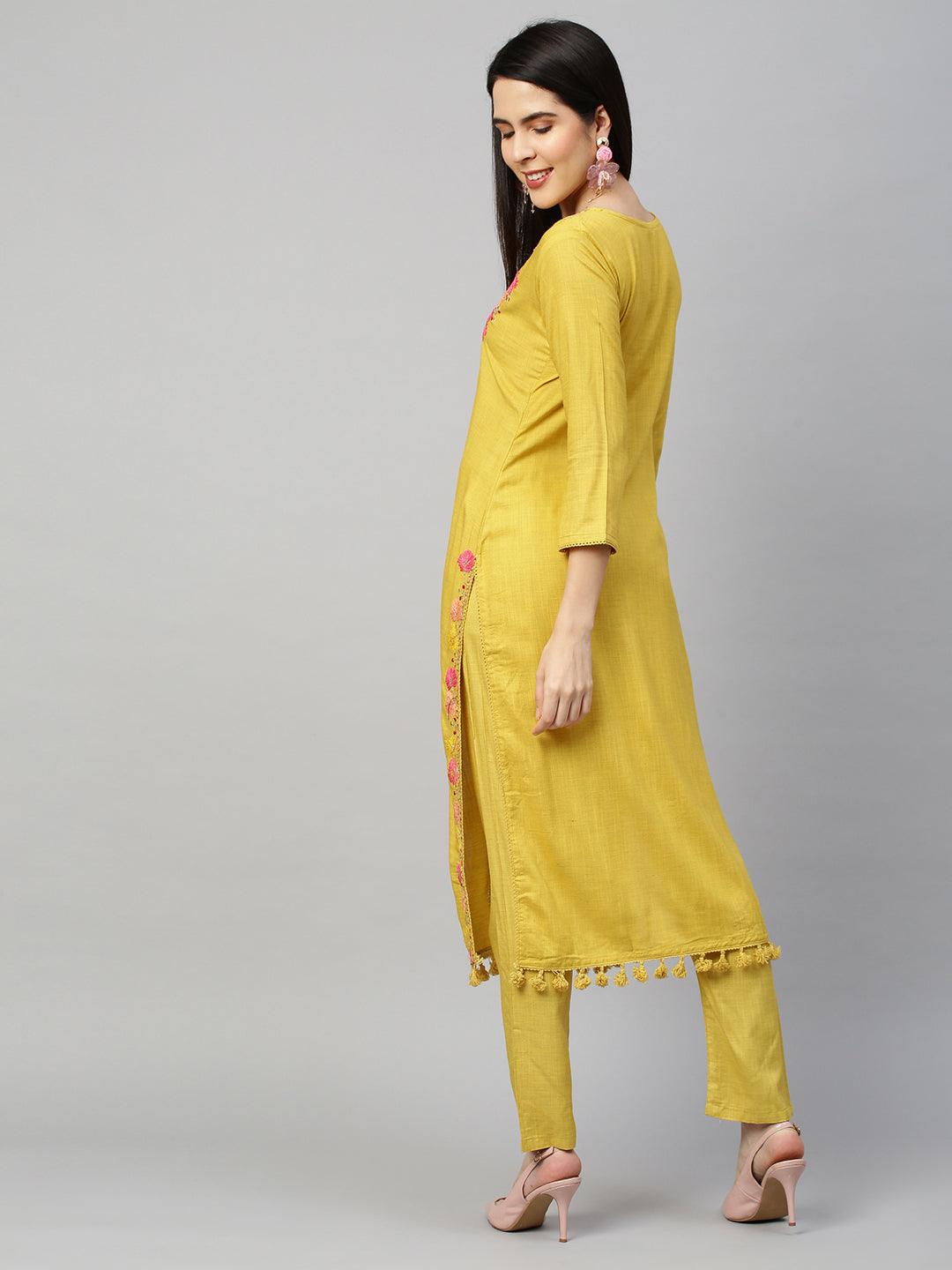 Floral Embroidery Kurta with Pant - Mustard - Indiakreations