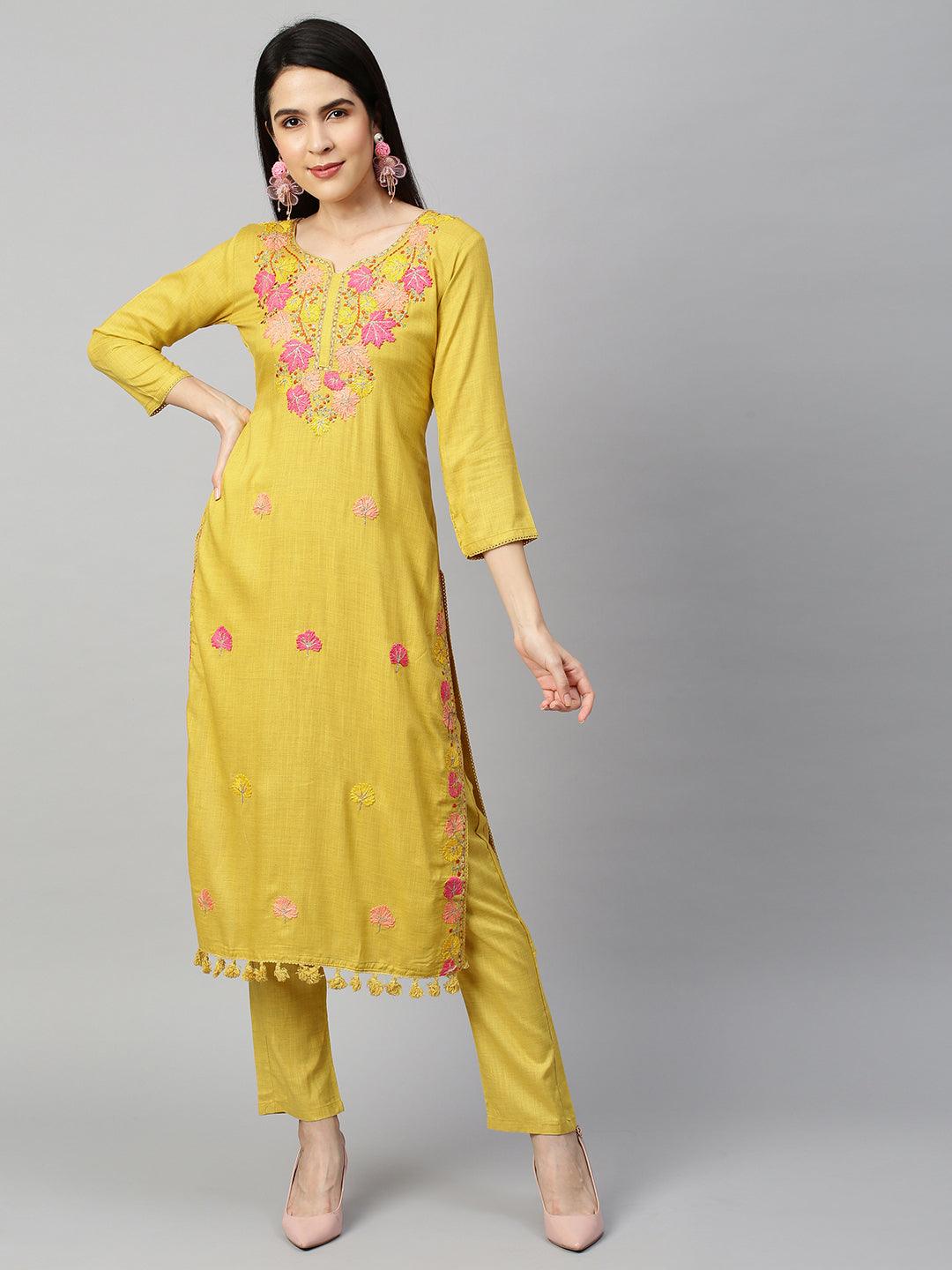 Floral Embroidery Kurta with Pant - Mustard - Indiakreations