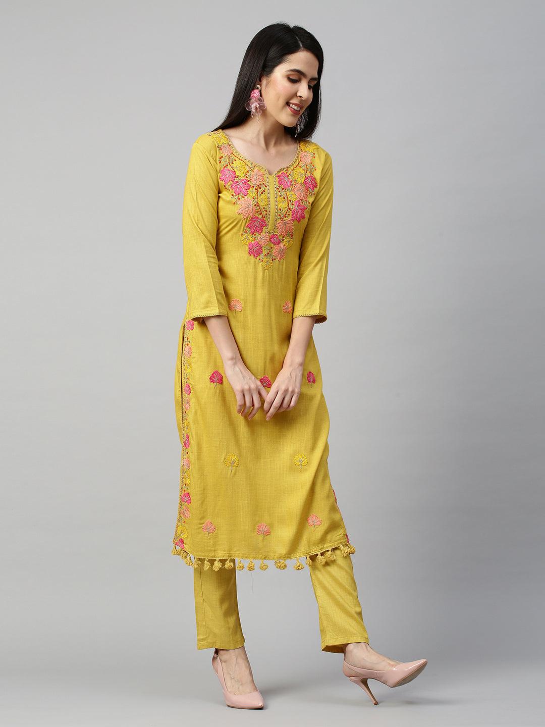 Floral Embroidery Kurta with Pant - Mustard - Indiakreations