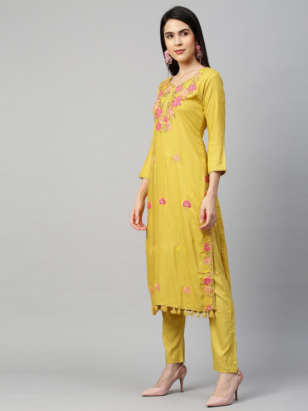 Floral Embroidery Kurta with Pant - Mustard - Indiakreations