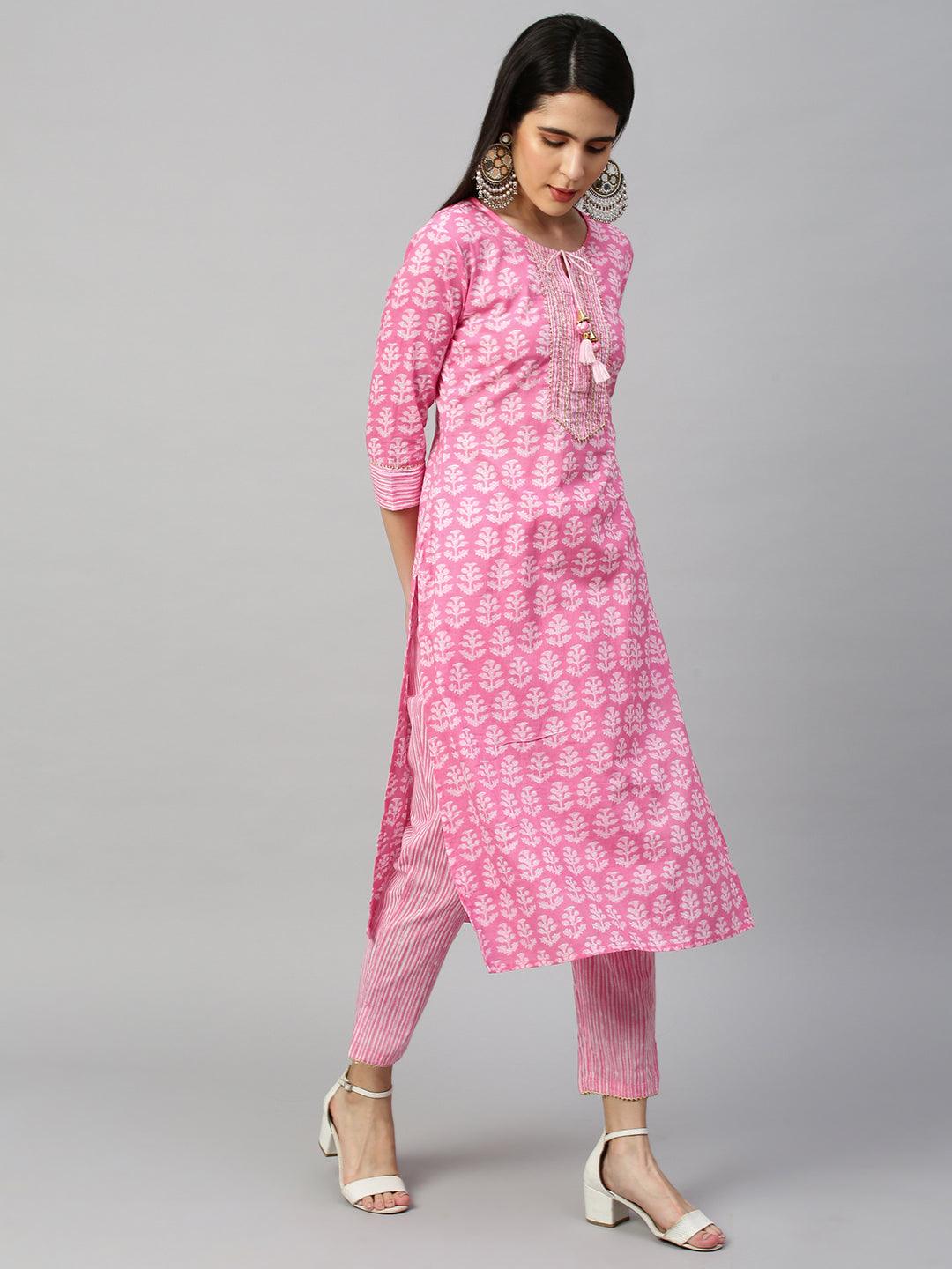 Ethnic Printed Kurta & Dupatta with Pant - Pastel Pink - Indiakreations